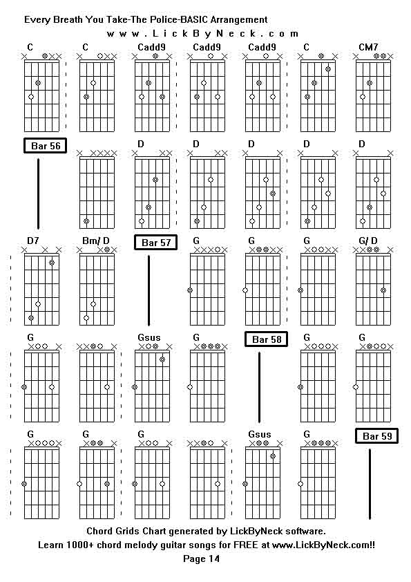 Chord Grids Chart of chord melody fingerstyle guitar song-Every Breath You Take-The Police-BASIC Arrangement,generated by LickByNeck software.